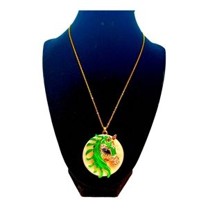 Green golden rhinestone unicorn pendant necklace